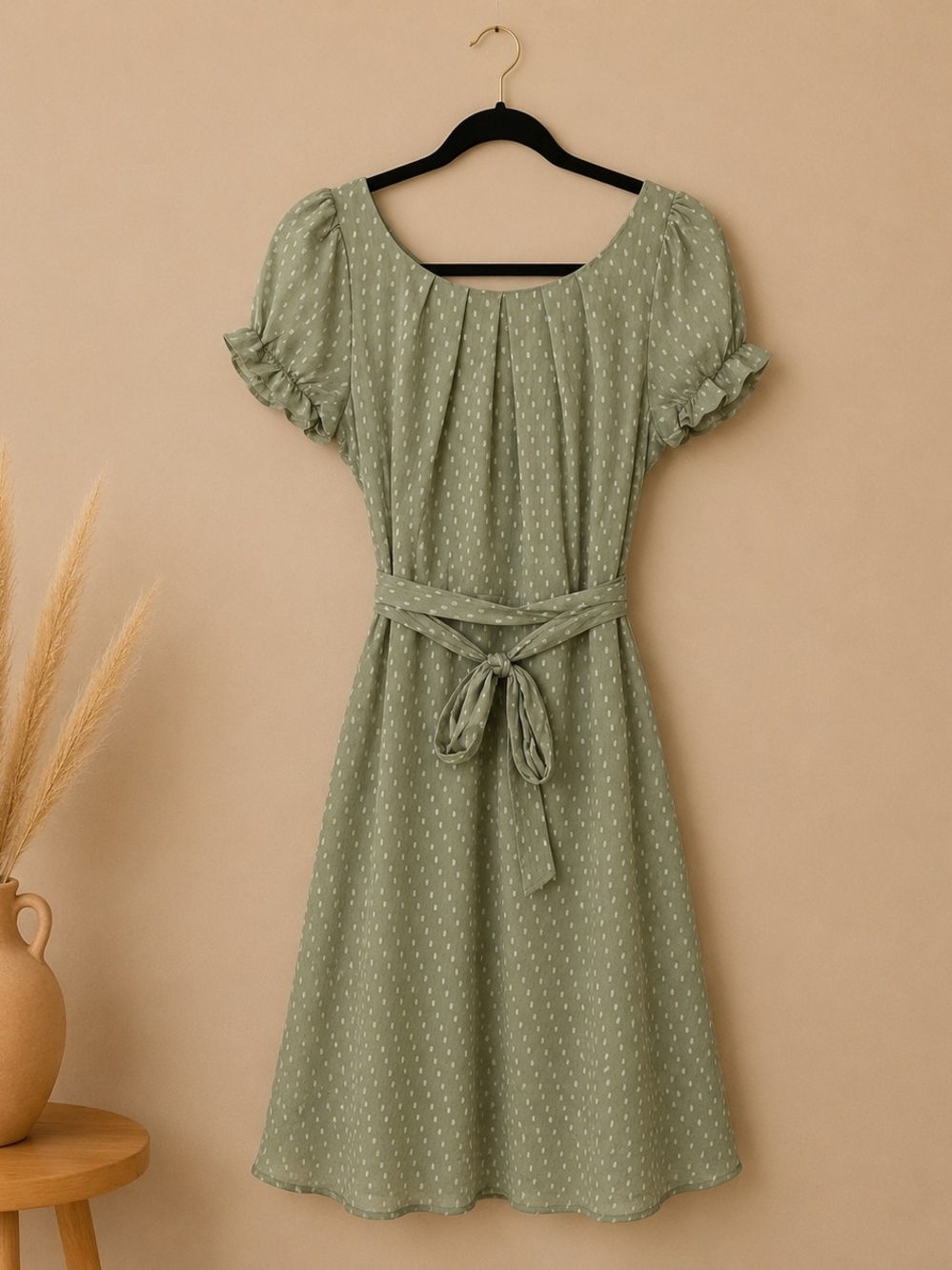 NY Collection Sage Green Puff Sleeve Midi Dress with Belt